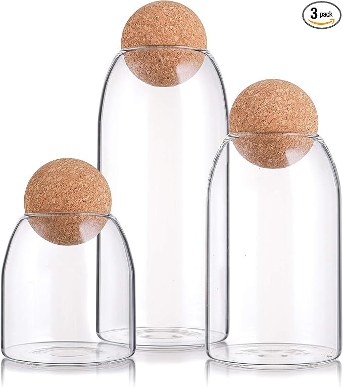 Suwimut 3 Pack Glass Storage Jar with Ball Cork Lid, Clear Glass Canisters with Cork Ball, Cute D... | Amazon (US)