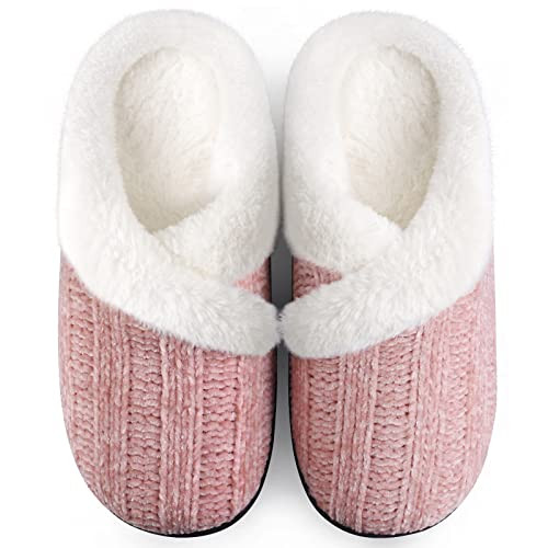 Womens Pink Fuzzy House Slippers Slip on Indoor Outdoor Bedroom Furry Fleece Lining Ladies Comfy Memory Foam Female Home Shoes Anti-Skid Rubber Hard Sole Size 5-6 | Amazon (US)