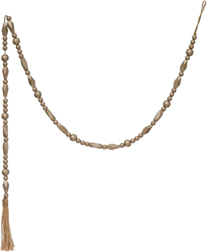 Creative Co-Op Paulownia Wood Bead Garland with Jute Tassel, Pewter | Amazon (US)