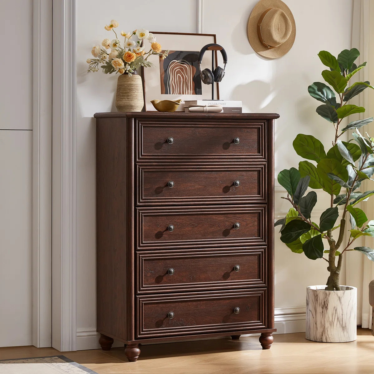 Farmhouse 5 Drawers Dresser For Bedroom, Wood 45" Tall Chest Of Drawers, Dresser Rustic Storage D... | Wayfair North America