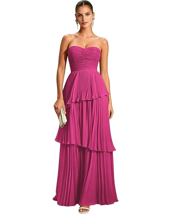 Strapless Pleated Bridesmaid Dresses for Women 2026 Long Tiered Chiffon Formal Wedding Guest Dres... | Amazon (US)