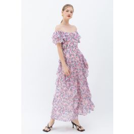 Lilac Floral Asymmetric Ruffle Off-Shoulder Maxi Dress | Chicwish