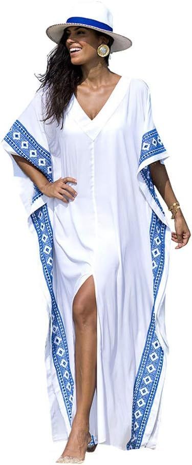 SMUDGE Life Women's White Ethnic Print Kaftan Maxi Dress Summer Beach Dress | Amazon (US)