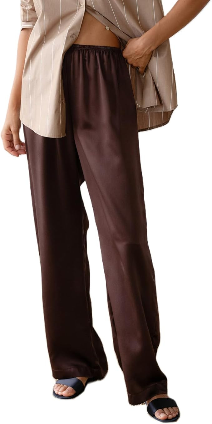 Women Silk Satin Pajama Pants Wide Leg Lounge Pants Fall Casual Loose Trousers Pj Bottoms | Amazon (US)
