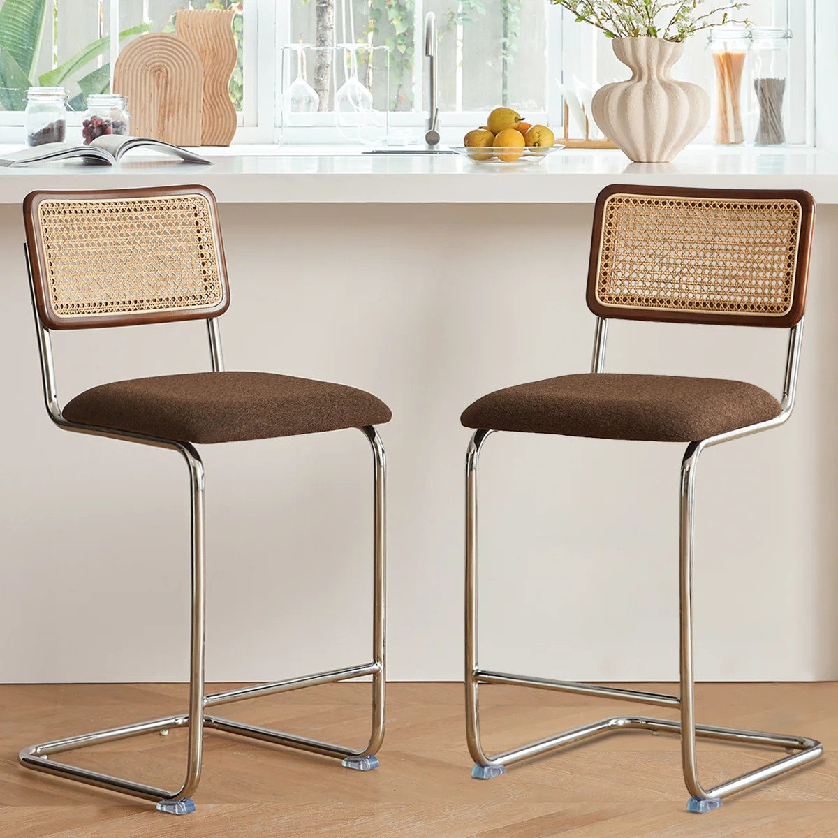 Natural Rattan Counter Height Stools Set of 2 with Solid Wood Back, 24.8'' Mid Century Modern Ces... | Wayfair North America