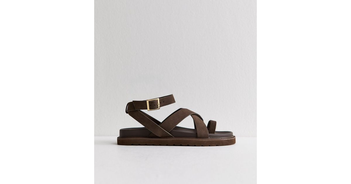Brown Faux Suede Toe Loop Chunky Flat Sandals | New Look | New Look (UK)