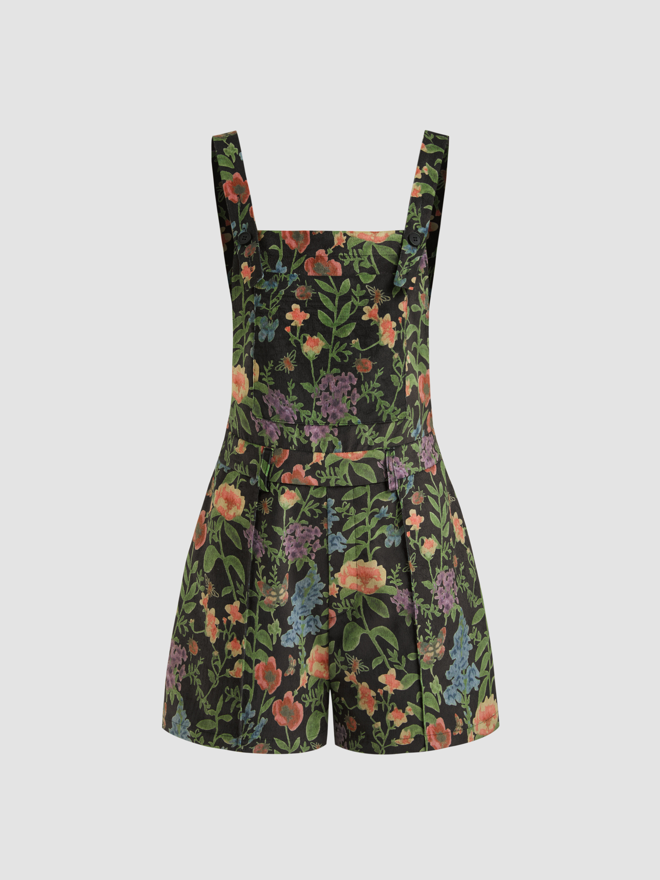 Updated Fabric Corduroy Square Neck Floral Pocket Romper | Cider