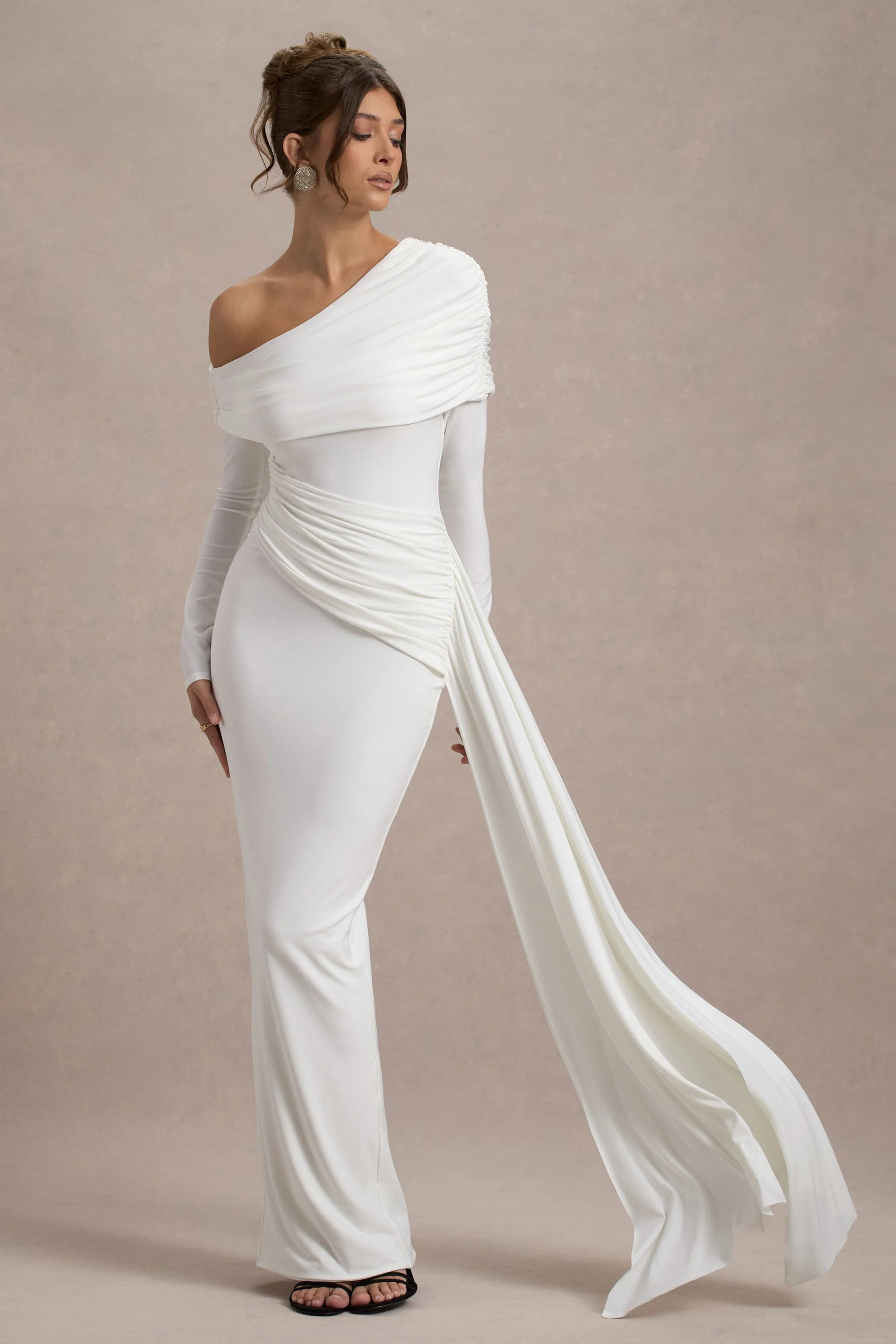 Valina  White Ruched Asymmetric Maxi Dress With Drape | Club L London