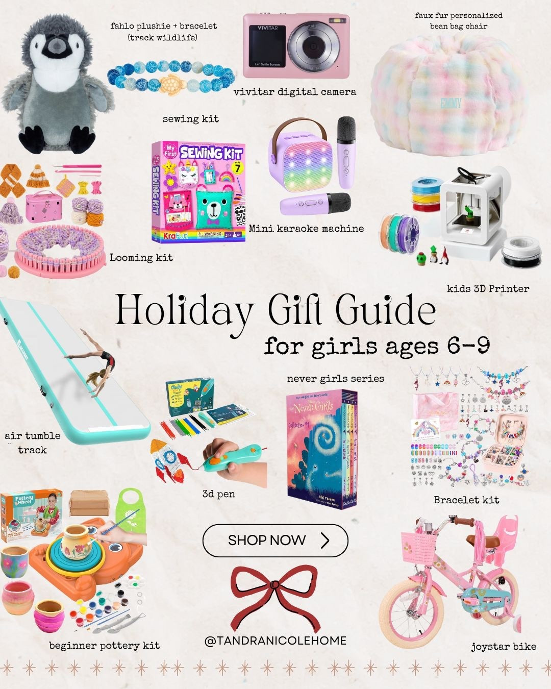 Holiday Gift Guide for Girls Ages 6–9 🎀✨
If you’re shopping for a creative, crafty, or imaginative little girl this Christmas, this guide is packed with kid-approved favorites my 6 & 7-year-old love. From hands-on art kits to STEM toys, cozy room accents, and big wow-factor gifts, these are the ones that actually get played with all year.

Inside the guide you’ll find:
• Creative + craft gifts (sewing kit, looming kit, bracelet kit, pottery kit)
• Tech + STEM gifts (kids’ 3D printer, digital camera, 3D pen)
• Cozy room gifts (faux fur personalized bean bag chair)
• Big gifts they’ll never forget (air tumble track, Joystar bike)
• Fun add-ons (mini karaoke machine, Fahlo animal-tracking bracelet, Never Girls book series)

Perfect for Christmas morning, birthdays, or building a fun gift bundle for the girls on your list. 🤍
Tap SHOP NOW to browse everything!

#HolidayGiftGuide #GiftsForGirls #KidsGiftIdeas #GirlsAges6to9 #LTKHoliday #LTKGiftGuide #MomLife #CozyMomFinds #CreativeKids #STEMToysForKids

#LTKCyberWeek #LTKKids #LTKGiftGuide