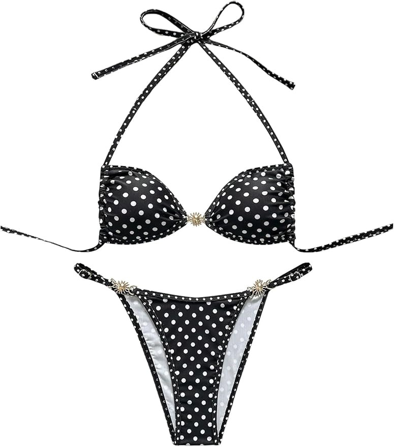 Verdusa Women's 2 Piece Polka Dots Halter Bikini Set Cheeky Swimsuits Beach Vacation Clothes | Amazon (US)