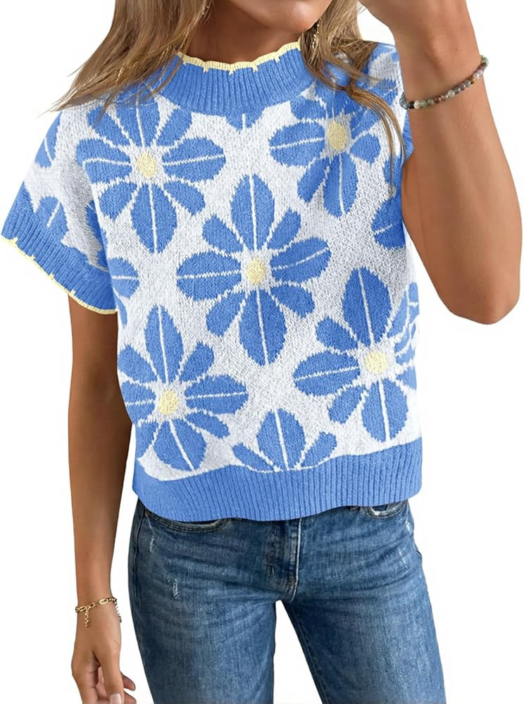 Saodimallsu Su\u00e9ter floral para mujer, manga corta, cuello redondo, holgado, su\u00e9ter de v... | Amazon (US)