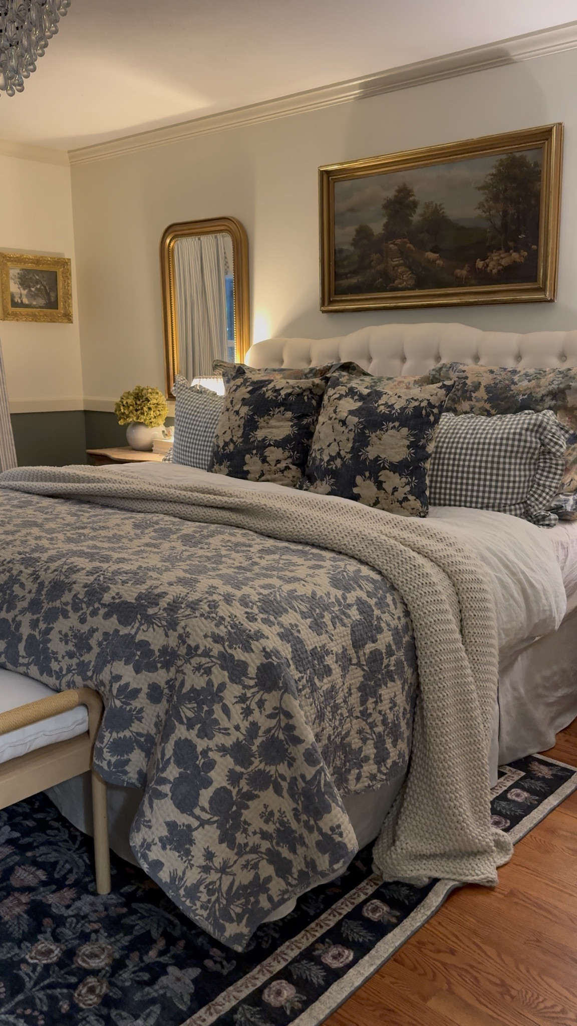 Bedding, reversible blue floral quilt, French country style bedding set, gingham ruffled sham, toile sham, Loloi rug, striped linen pinch pleat curtains, crystal chandelier, linen duvet cover, linen bedskirtt

#LTKHome #LTKSeasonal #LTKSaleAlert