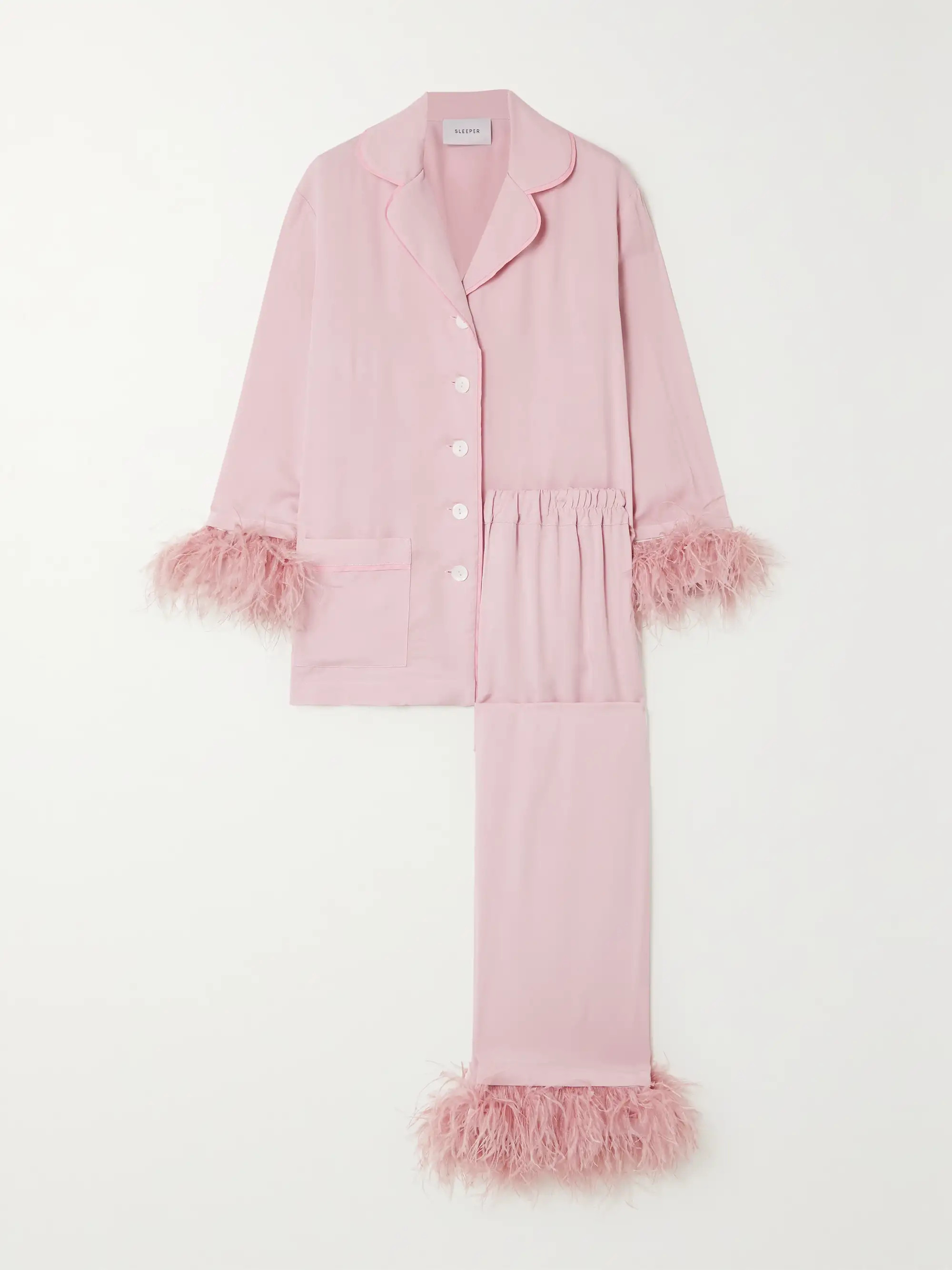 Feather-trimmed crepe de chine pajama set | NET-A-PORTER (UK & EU)