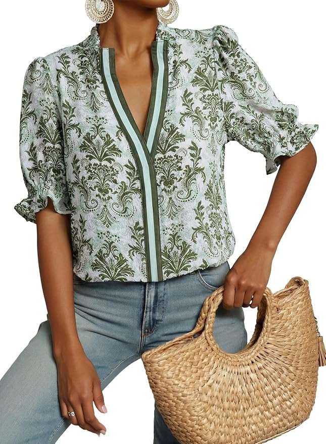 Dokotoo Women's Summer Boho Floral Ruffle Shirt Puff Short Sleeve V Neck Casual Trendy Cute Blous... | Amazon (US)