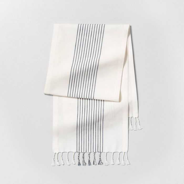 Knotted Fringe Stripe Table Runner Sour Cream/Blue - Hearth & Hand™ with Magnolia | Target