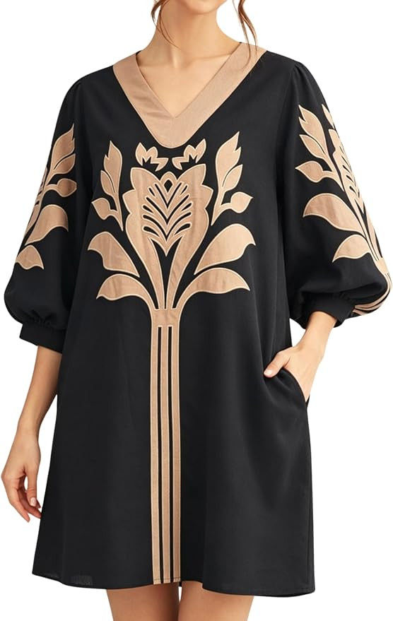 InterNos Women's Summer Applique Floral Mini Dress V Neck 3/4 Puff Sleeve Casual Shift Dress with... | Amazon (US)
