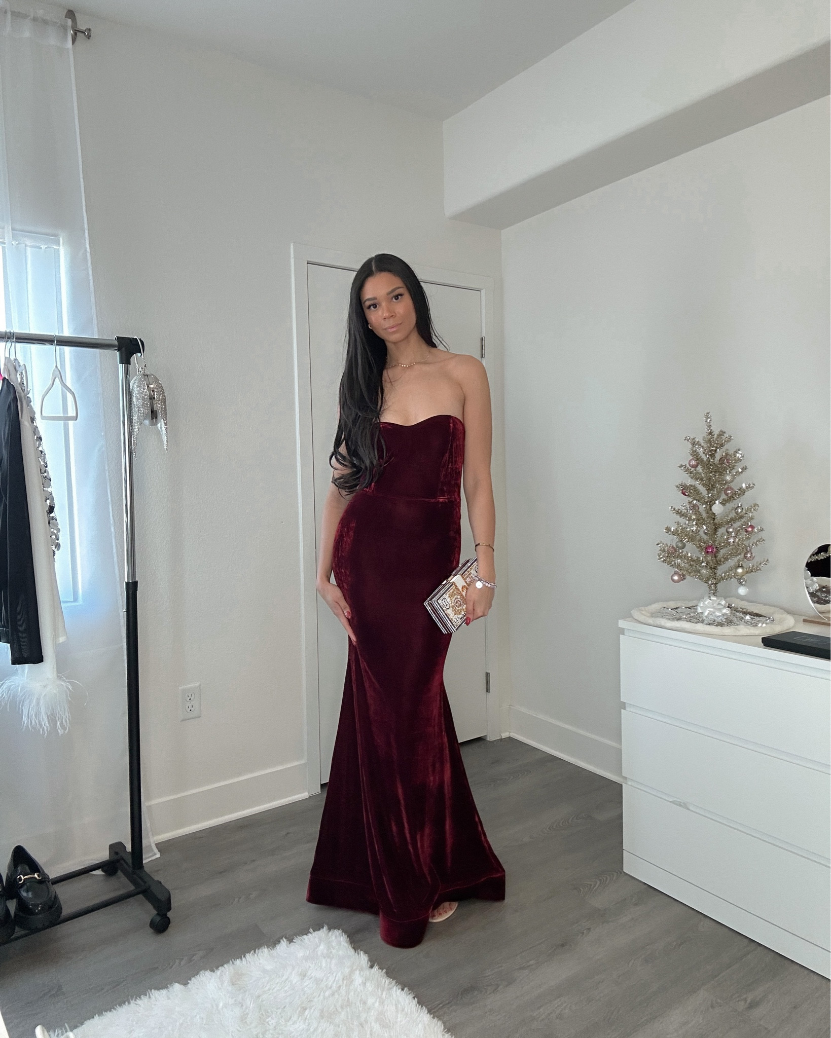 Holiday outfit, holiday dress, red velvet dress, velvet dress, red maxi dress, red dress, nye outfit, New Year’s Eve outfit, New years Eve dress, nye dress, clear heels, strapless dress, strapless maxi dress 