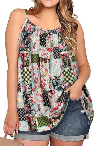 Plus Size Tank Tops for Women Tunics for Leggings Loose Fit Sleeveless Blouses Flowy Tops Trendy Camisoles(Flower Blocks,4XL) | Amazon (US)