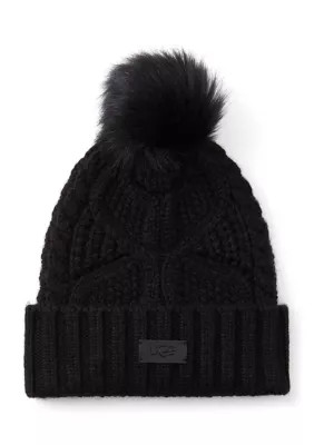 UGG Women's Cable Knit Beanie with Pom Pom, Black | Belk