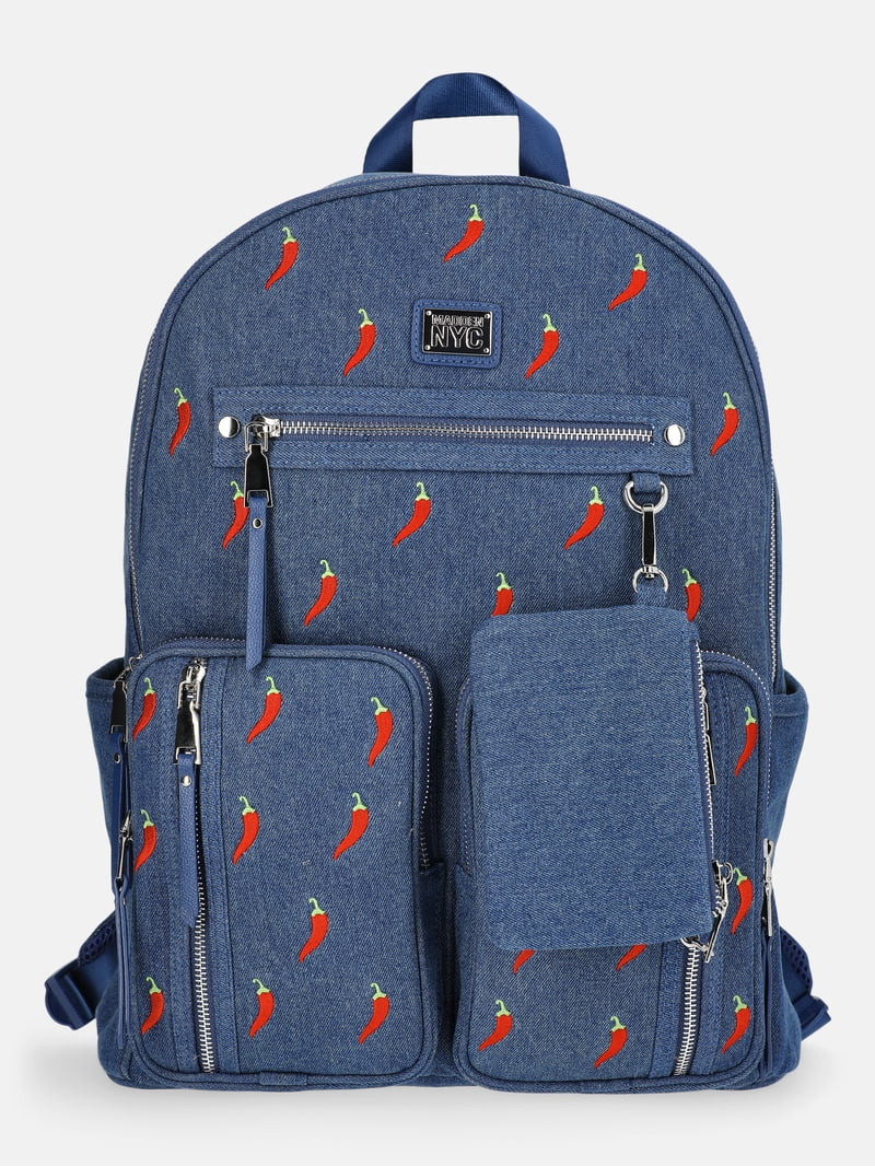 Madden NYC Women's Double Pocket Dome Backpack with Pouch, Chili Denim | Walmart (US)