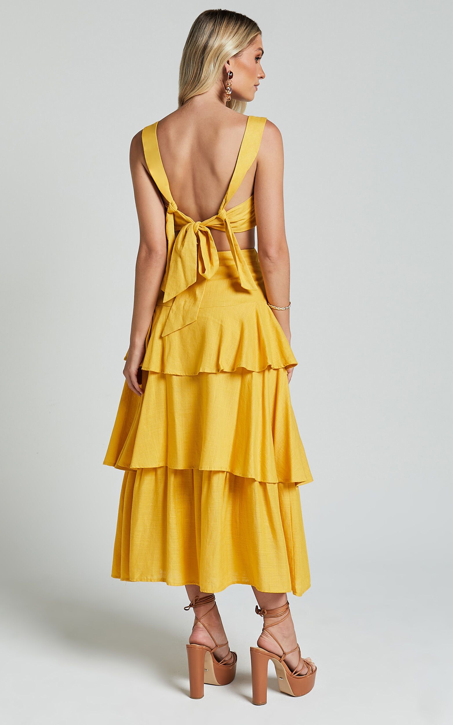 Amalie The Label - Kaleigh Linen Blend Bralette and Tiered Maxi Skirt Two Piece Set in Yellow | Showpo (ANZ)