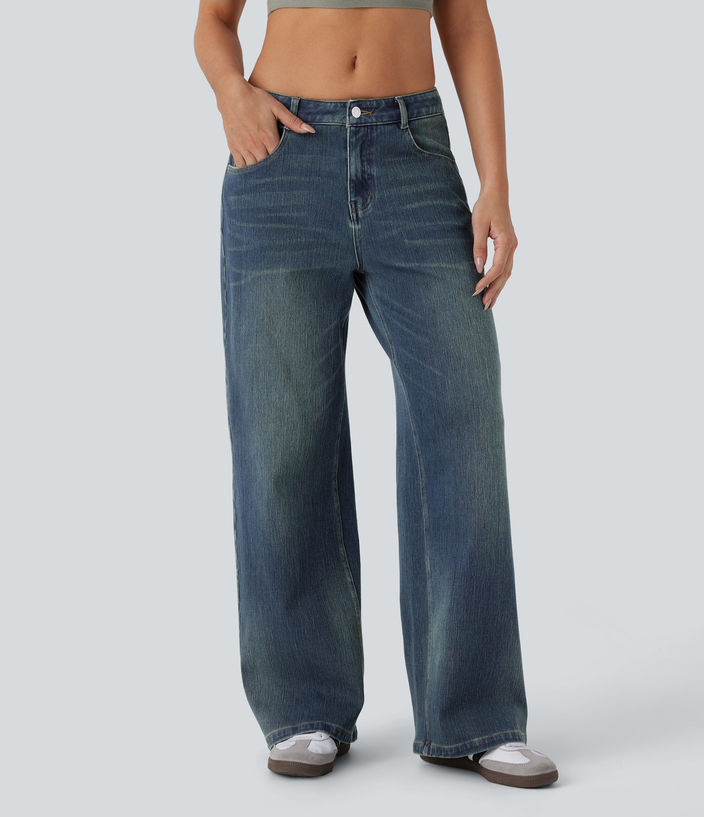 Halara Halara Flex™ Low Rise Pockets Baggy Wide Leg Washed Casual Jeans - Azure Retro Denim - XS(regular) | HALARA