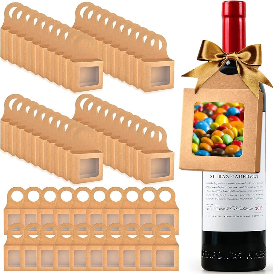 60 Pieces Kraft Paper Wine Bottle Box with Window Hanging Foldable Wine Boxes Gift Boxes Empty Wi... | Amazon (US)