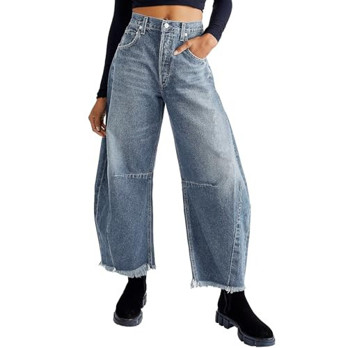 HOTIAN Womens Barrel Jeans Wide Leg Mid Waist Horseshoe Jean Y2k Baggy Denim Pants(Blue-S) | Amazon (US)