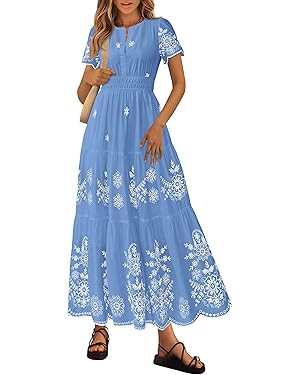 PRETTYGARDEN Boho Dresses for Women 2026 Summer Spring Casual Floral Short Sleeve V Neck Maxi Ela... | Amazon (US)
