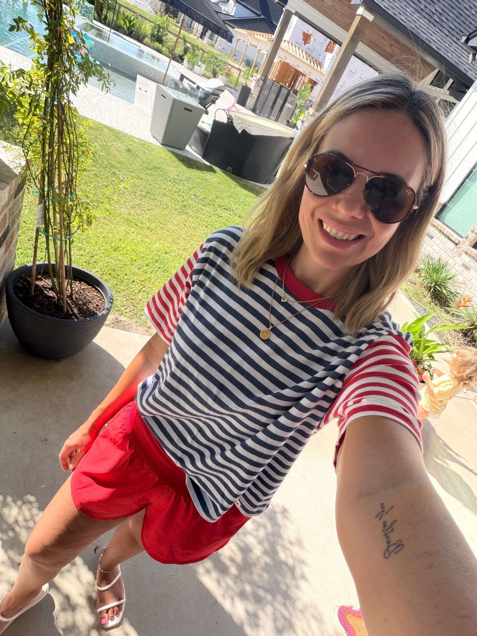 Wearing my true size small in this red, white, and blue boxy Tshirt, and sized up in these active shorts from Dicks! These Raybans are old so I’m not sure if they still make this exact style. @dickssportinggoods @ae

#LTKootd #LTKdayinmylife #LTKActive