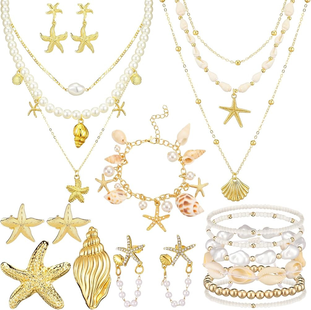Tondiamo Mermaid Jewelry for Women Seashell Necklace Starfish Earrings Bracelet Hair Clips Beach Jewelry Accessories | Amazon (US)