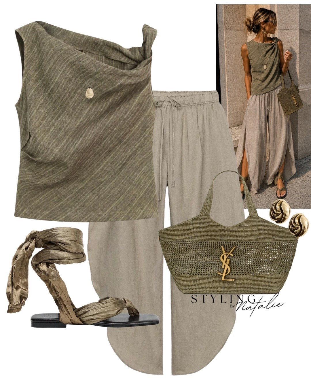 Khaki summer heatwave style- 100-% linen outfit! 
Khaki top with twisted straps, vented linen trousers, YSL summer tote bag and tie up sandals. Flowy breezy pants, summer holiday outfit, drawstring trousers, comfy chic everyday wear, Zara, massimo Dutti.

#LTKsummer #LTKeurope #LTKuk