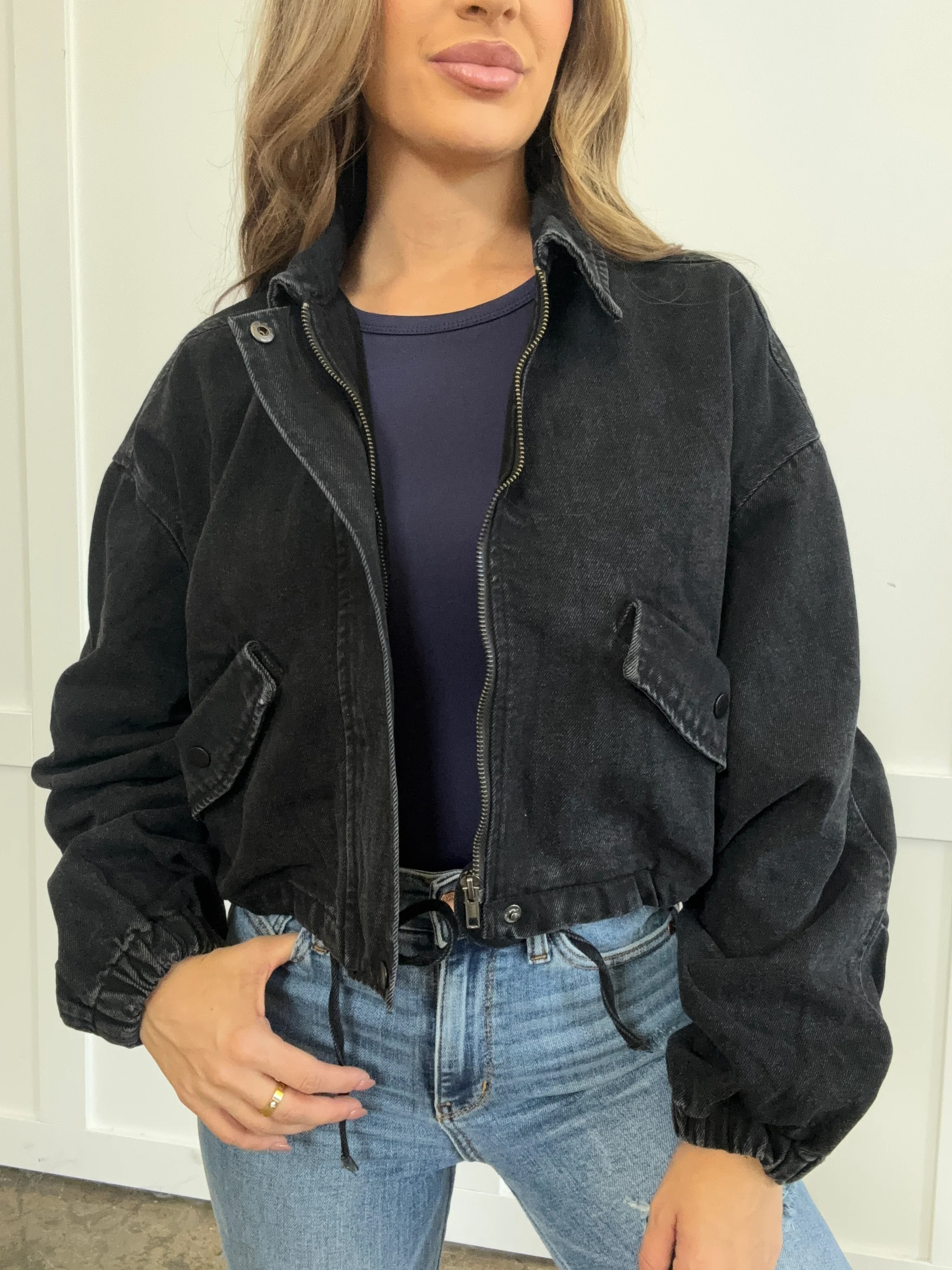 Cloudy Day Drawstring Waist Crop Denim Jacket - Black | Willow Boutique