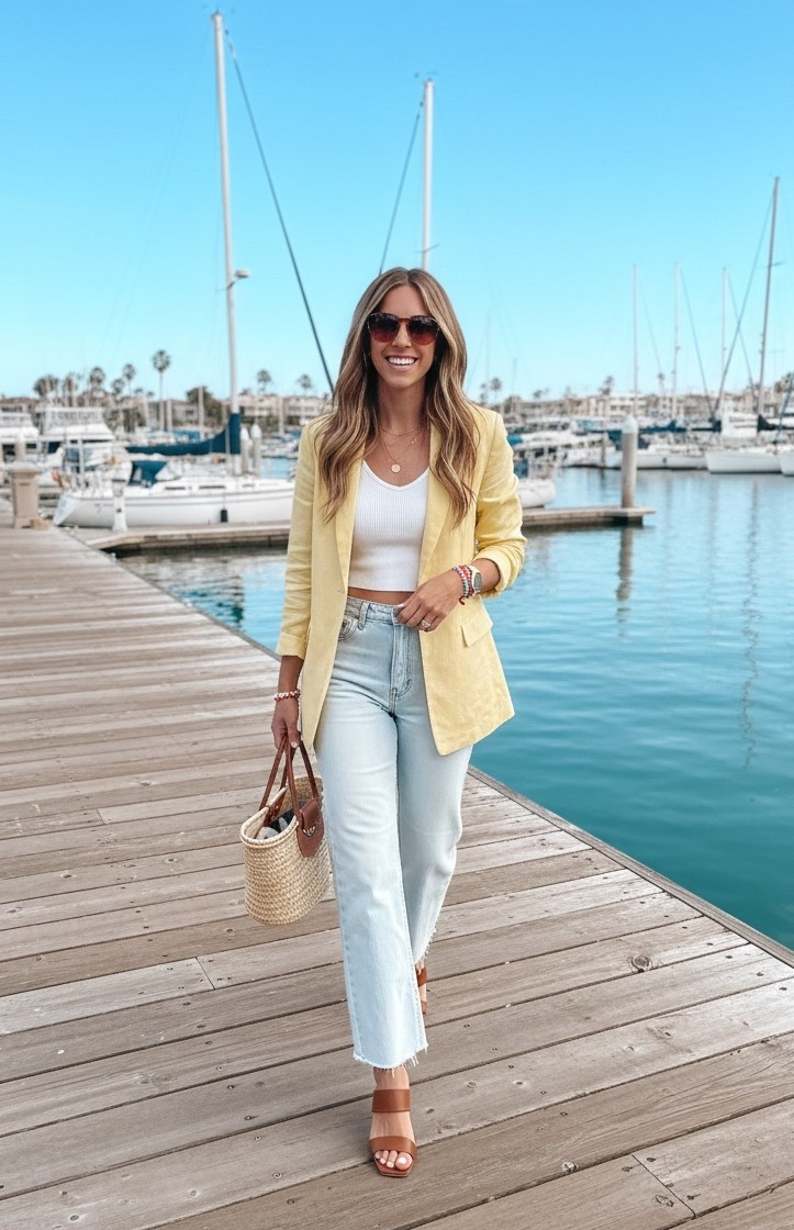 Spring outfit 💛🤍

Blazer, top, jeans, straw handbag, sandals

#LTKootd #LTKPetite #LTKOver40