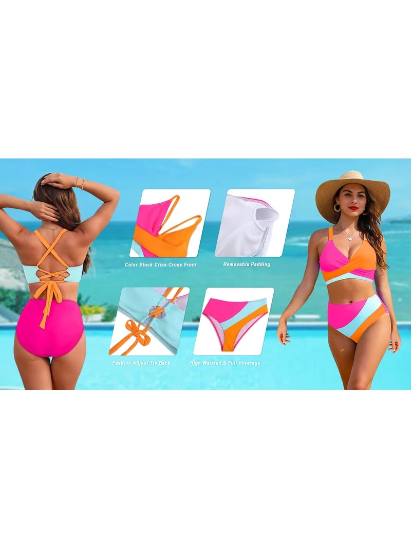 Rosvigor Womens Swimsuits Two Piece Bikini Sets Bathing Suits for Women Summer Color Block Swimwe... | Walmart (US)