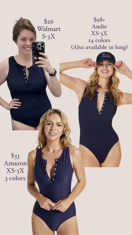 This Andie swimsuit is so flattering, and I found a really similar option at Walmart for less money! I bought the Walmart version, and it's so comfortable and well made. You can also wear it under shorts for a bodysuit look! I also found an option at Amazon. All 3 swimsuits come up to a 3X, but the Andie swimsuit also comes in long options and the most color options! //////
Walmart swimsuit, Walmart find, Andie swimsuit, Andie dupe, Amazon swim, Amazon swimsuit, mom swimsuit, plus size swimsuit, modest swimsuit, navy swimsuit, ribbed swimsuit, swimsuit with snaps, 4th of July outfit, 4th of July swimsuit, July 4th outfit, July 4th swimsuit, swimsuit dupe, get the look for less, one piece swimsuit, open back swimsuit, swimsuit under $100, swimsuit under $50

#LTKunder50 #LTKtravel #LTKswim