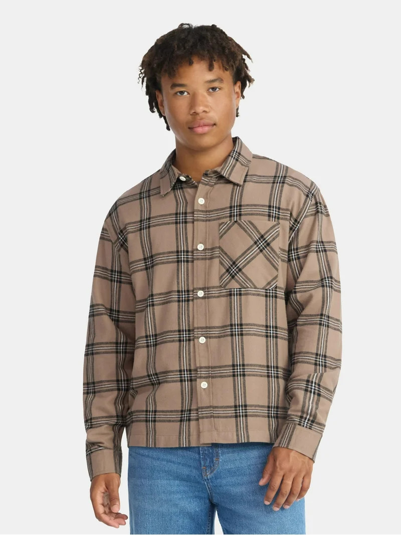 No Boundaries Collared Cotton Flannel Shirt, Men's and Big Men's | Walmart (US)