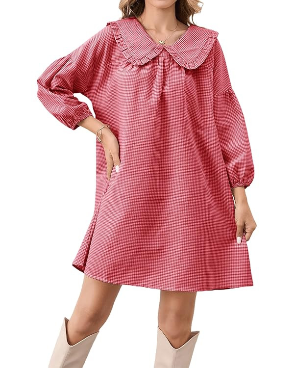Women Puff Sleeve Babydoll Dress Cute Gingham Short Dresses Peter Pan Collar Checkered Shift Dres... | Amazon (US)