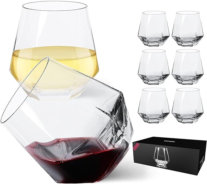 JBHO Stemless Wine Glasses Set of 6, Red or White Small Wine Glass set, 10oz Diamond Shaped, Uniq... | Amazon (US)