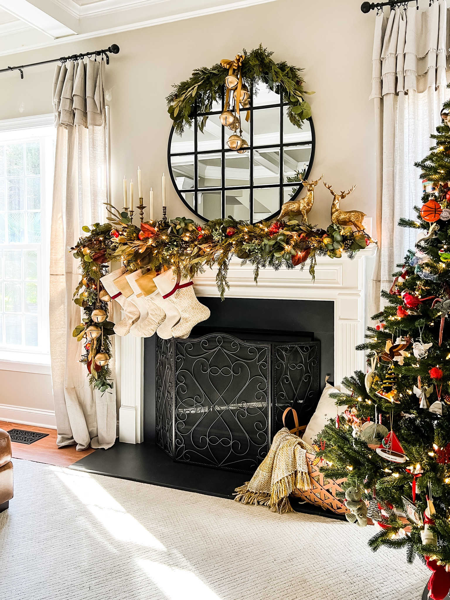 Give your mantel a custom look for less. Add floral picks to a simple garland. Faux artichokes and faux pomegranates add color naturally. Hang stockings safely and more securely by using a stocking rod. Custom stockings can be made to match your Christmas aesthetic and color scheme. Gold resin reindeer and large gold jingle bell garland add sparkle. Traditional and transitional home decor or country chic. 

#LTKSeasonal #LTKHoliday #LTKhome