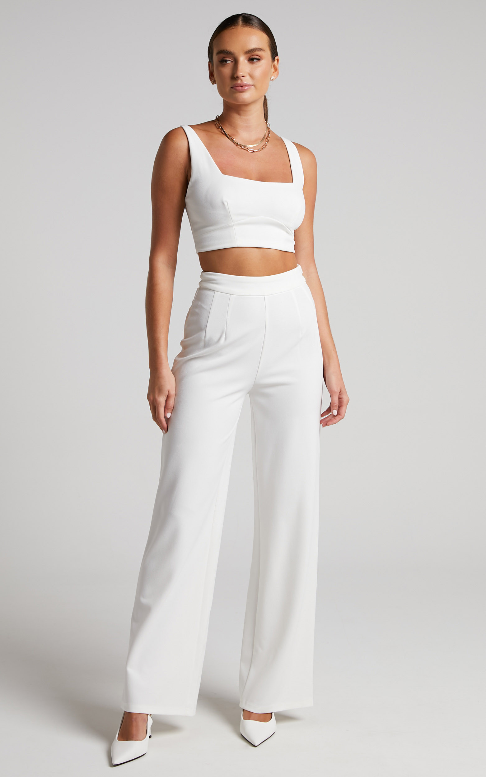 Elibeth Two Piece Set - Crop Top and High Waisted Wide Leg Pants in White | Showpo (US, UK & Europe)