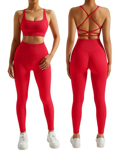 RXRXCOCO Ribbed Workout Sets for Women 2 Piece Backless Strappy Sports Bra Seamless Leggings Matching Set Yoga Outfits Red Medium | Amazon (US)