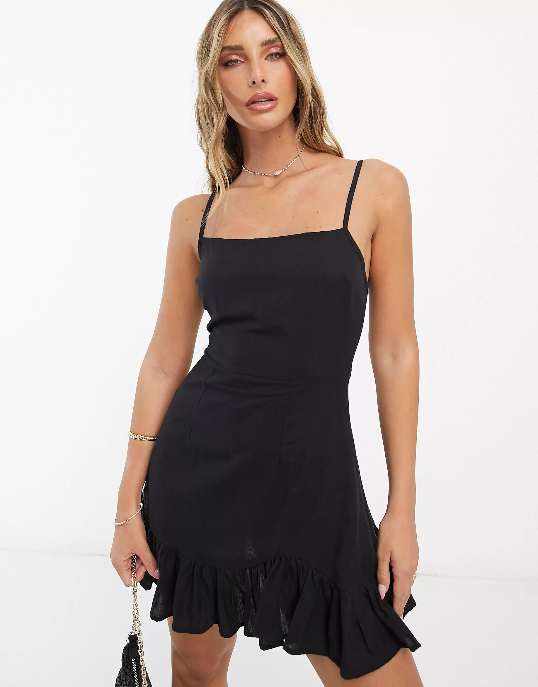 ASOS DESIGN linen cami mini sundress with ruffle hem in black | ASOS (Global)