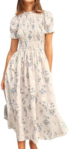 RIHOAS Women Shirred A-Line Midi Dress Summer Dresses Puff Short Sleeve Smocked Flowy Ruffle Boho... | Amazon (US)