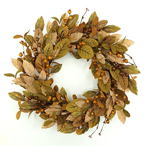 WreathDream 20'' Fall Wreath Autumn Wreath for Front Door with Brown Magnolia Leaves and Small Pomegranate Fruits for Home Outdoor Farmhouse Porch Wall Window Decoration,Brown Gift Box Included | Amazon (US)