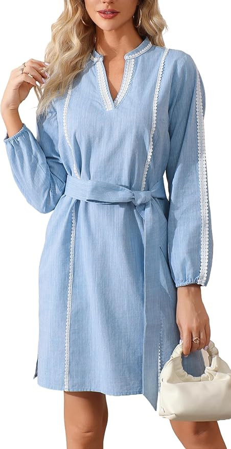 Womens Long Sleeve Cotton Linen Dress V Neck Belted Tunic Dress RIC Rac Trim Mini Dresses with Po... | Amazon (US)