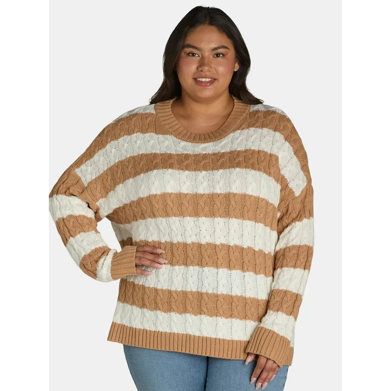 Time and Tru Women's and Women's Plus Cable Knit Crewneck Sweater, Midweight, Sizes XS-4X | Walmart (US)