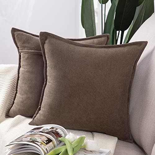 MADIZZ Set of 2 Short Chenille Throw Pillow Covers 22x22 Inch Coffee Soft Decorative Cushion Cover f | Amazon (US)