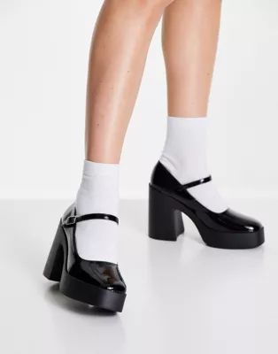 ASOS DESIGN Penny platform Mary Jane heeled shoes in black | ASOS (Global)