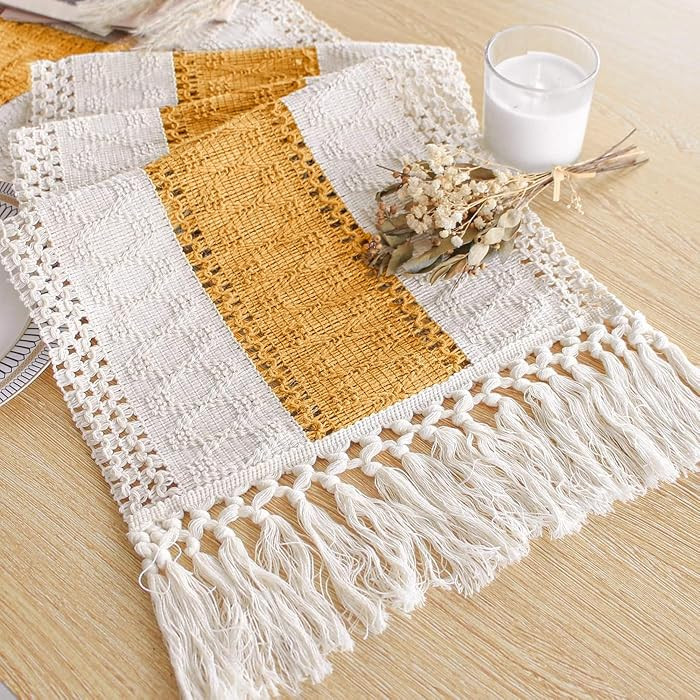 FEXIA Boho Table Runner for Fall Home Decor with Tassels 72 Inches Long Farmhouse Yellow Rustic T... | Amazon (US)